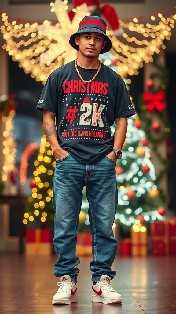 Y2K inspired Christmas outfit for men with graphic tee, baggy jeans, and chunky sneakers in a festive setting.